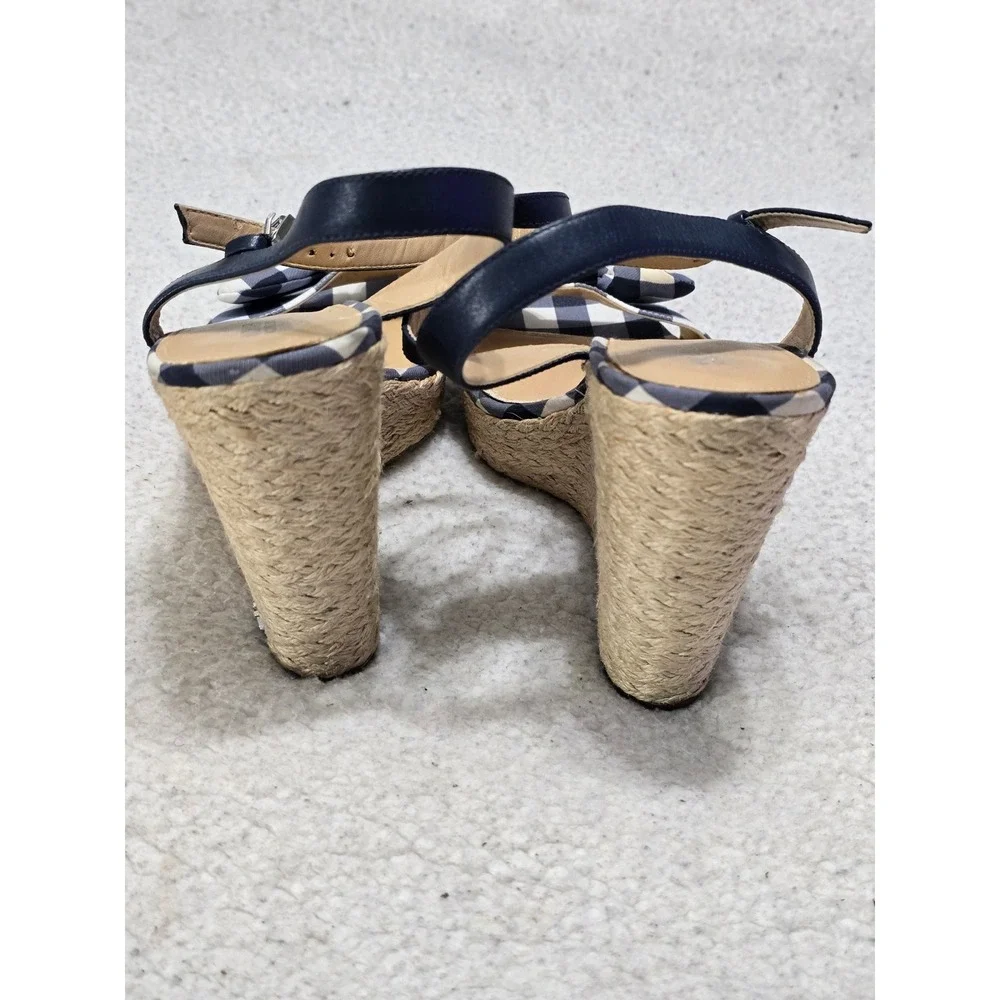 Michael Kors Gingham Espadrille Wedge Sandals Navy White Bow 11M